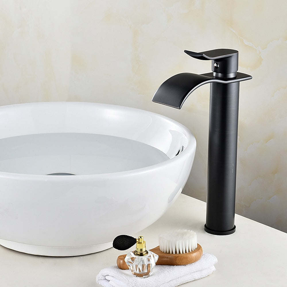 Waterfall Single-Hole Bathroom Vessel Sink Faucet, Single-Handle Brass Tall Faucet, Rose Gold / Brushed Nickel / Matte Black / Chrome
