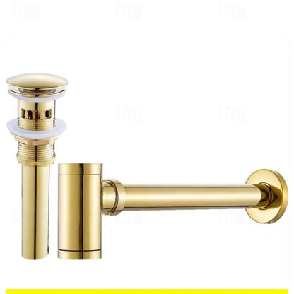 Contemporary Brass Pop-Up Sink Drain with Overflow, Wall-Mounted Bottle P-Trap Waste Assembly, Antique Brass / Chrome / Matte Black / Brushed Brass / Polished Gold