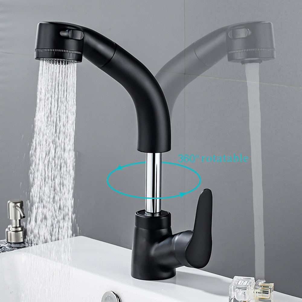 Pull-Out Single-Hole Bathroom Faucet, Single-Handle Liftable Swivel Faucet, Matte Black / Chrome