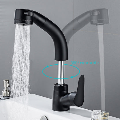 Pull-Out Single-Hole Bathroom Faucet, Single-Handle Liftable Swivel Faucet, Matte Black / Chrome