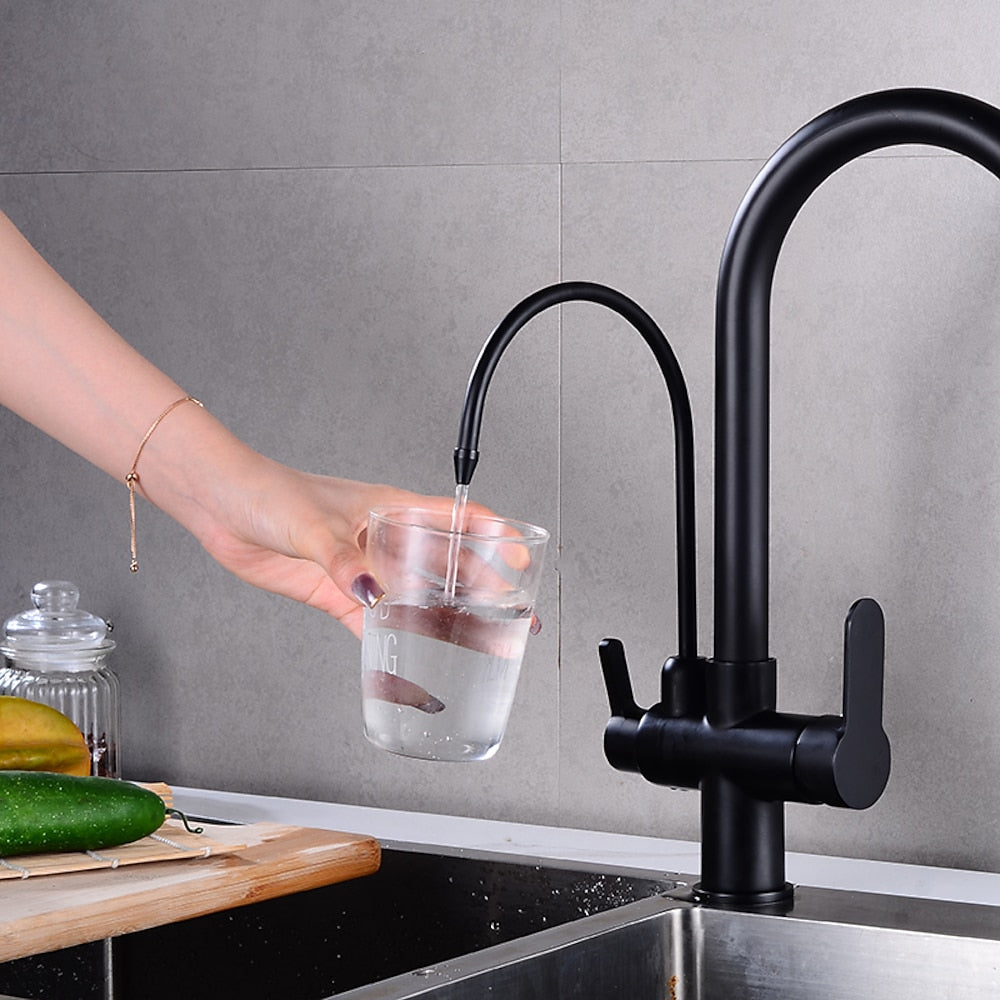 Modern 3-Way Pull-Down Kitchen Faucet, Dual-Handle Swivel Gooseneck Faucet, Gunmetal / Matte Black / Chrome / Matte White / Two-Tone / Antique Brass / Brushed Gold / Brushed Nickel