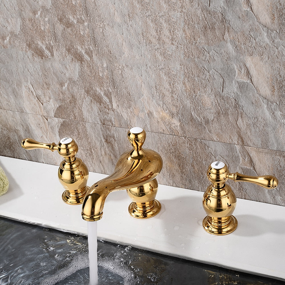 Polished Gold Vintage Widespread Bathroom Faucet, Dual-Handle Brass Sink Faucet