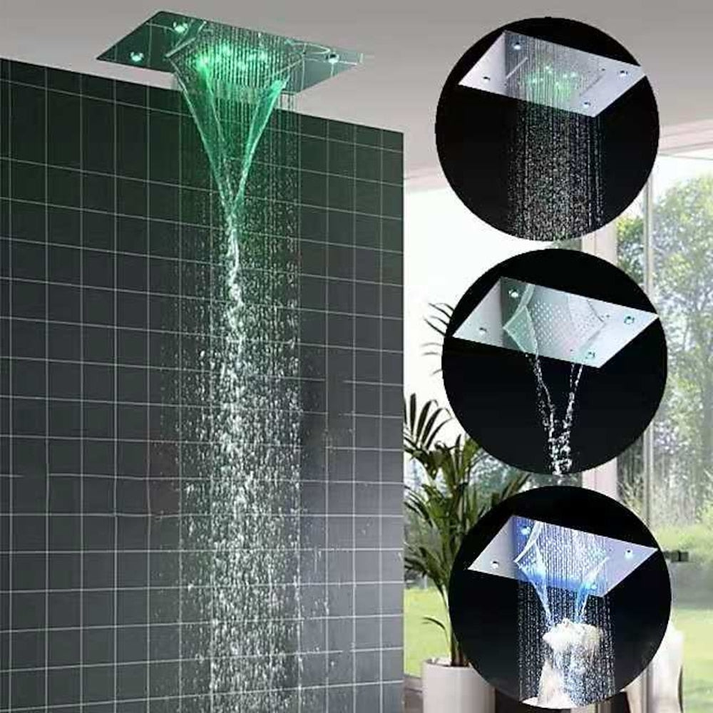 Modern LED Rainfall Waterfall Shower Head, Ceiling-Mounted Stainless Steel Chrome Shower Head with Bluetooth Speaker