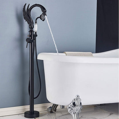 Swan Design Freestanding Tub Filler Faucet, Single-Handle Swivel Spout Tub Faucet with Handheld Shower, Polished Gold / Matte Black