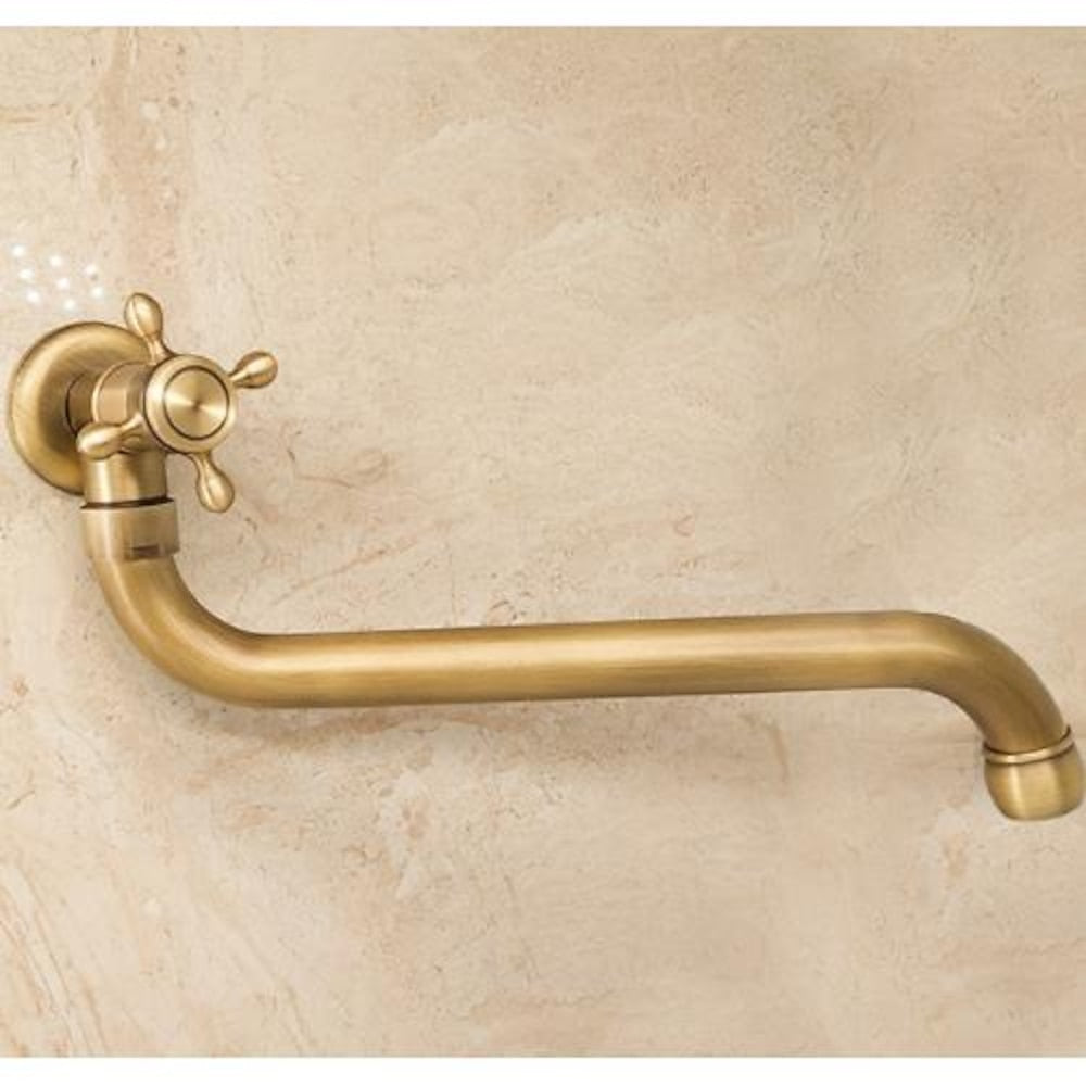 Antique Brass Vintage Wall-Mount Faucet, Single-Cold Single-Handle Faucet with Rotatable High-Arc Spout