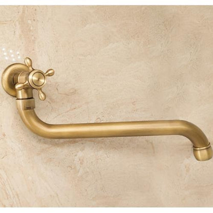 Antique Brass Vintage Wall-Mount Faucet, Single-Cold Single-Handle Faucet with Rotatable High-Arc Spout