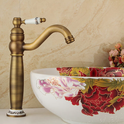 Vintage High-Arc Vessel Sink Faucet, Single-Handle Deck-Mounted Faucet, Brass Faucet with Ceramic Lever Handle, Antique Brass / Matte Black