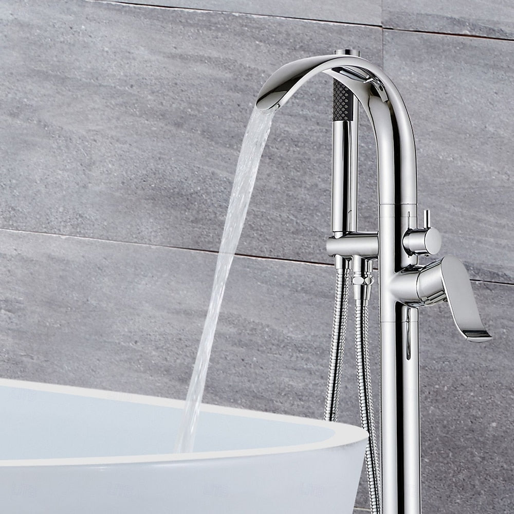 Chrome Freestanding Bathtub Faucet, Single-Handle Floor-Mount Tub Filler with Handheld Shower