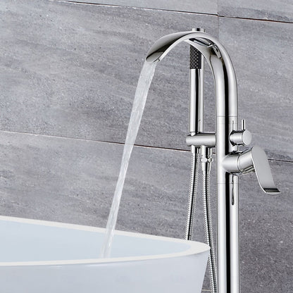 Chrome Freestanding Bathtub Faucet, Single-Handle Floor-Mount Tub Filler with Handheld Shower
