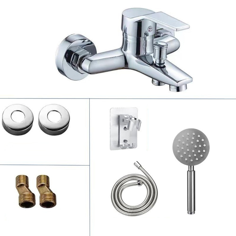 Modern Chrome Wall-Mount Tub Faucet, Single-Handle Brass Tub Filler with Handheld Shower