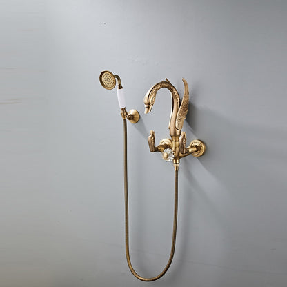Vintage Swan-Shaped Brass Tub Filler Faucet, Wall-Mount Dual-Handle Bathtub Faucet with Handheld Shower, Antique Brass / Matte Black / Chrome / PVD
