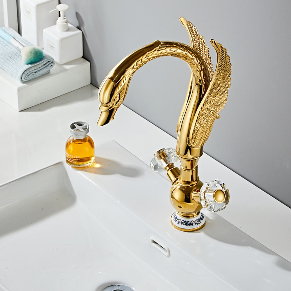Swan-Shaped Waterfall Bathroom Faucet, Single-Hole Dual-Handle Deck Mount Faucet with Crystal Knobs, Chrome / Polished Gold