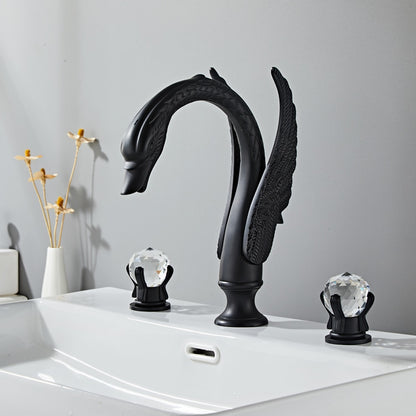 Swan-Shaped Widespread Bathroom Faucet, Double-Handle Brass Basin Faucet with Crystal Knob Handles, Antique Brass / Polished Gold / Chrome / Matte Black