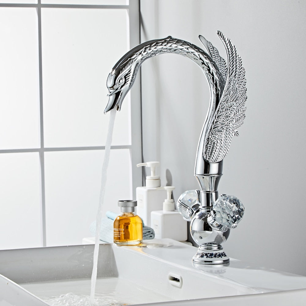Swan-Shaped Waterfall Bathroom Faucet, Single-Hole Dual-Handle Deck Mount Faucet with Crystal Knobs, Chrome / Polished Gold