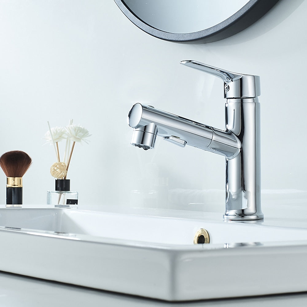 Modern Pull-Out Spray Bathroom Faucet, Single-Handle Brass Faucet, Matte Black / Chrome