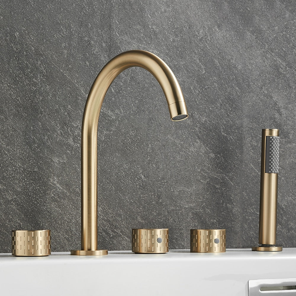Contemporary 3-Handle Roman Tub Faucet, 5-Hole Brass Tub Filler with Handheld Shower