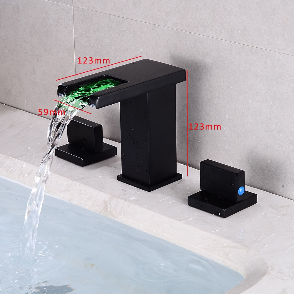 LED Waterfall Bathroom Faucet, Widespread Dual-Handle Faucet, Chrome / Matte Black