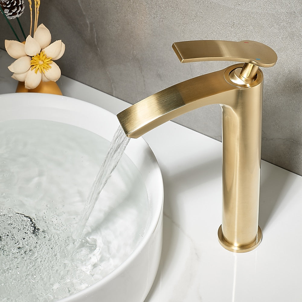 Waterfall Modern Bathroom Vessel Sink Faucet, Single-Handle Single-Hole Brass Basin Faucet