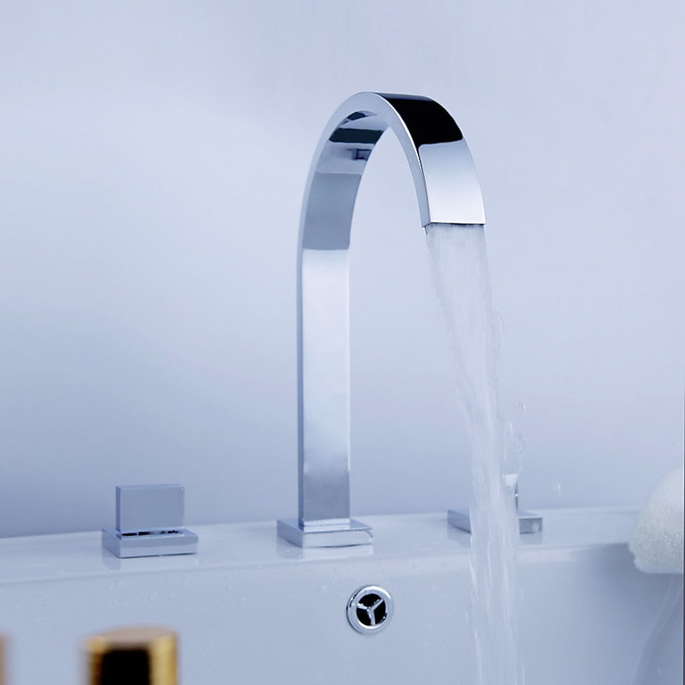 Chrome Waterfall Widespread Bathroom Faucet, Contemporary 3-Hole Double-Handle Faucet with High Arc Swivel Spout