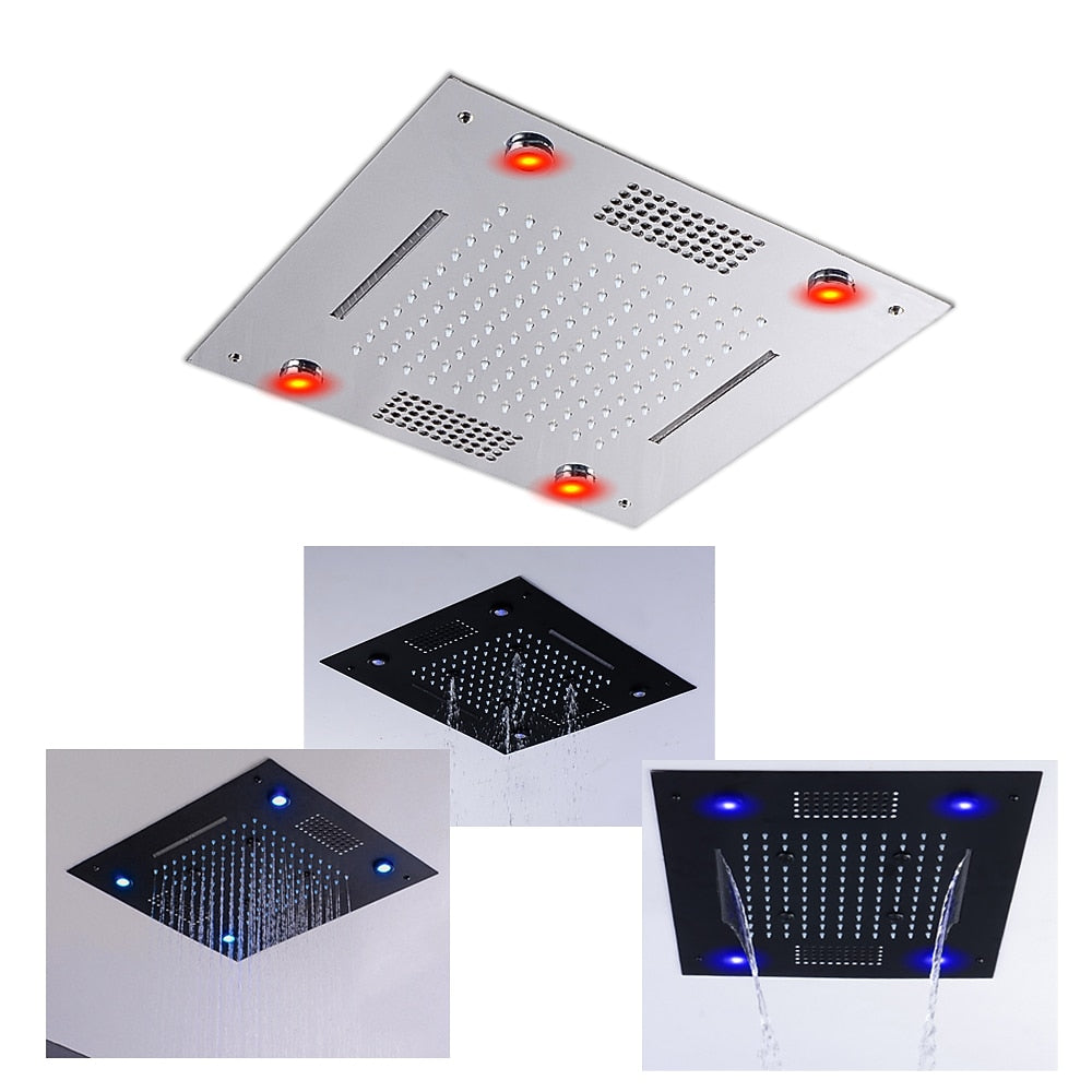 LED Waterfall Bluetooth Speaker Ceiling Shower Head, Rainfall Multi-Mode Showerhead, Matte Black / Chrome