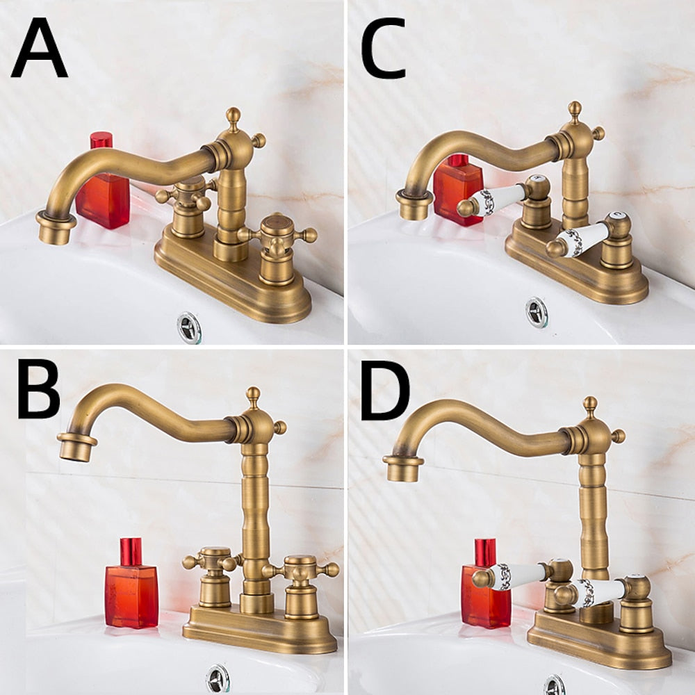 Antique Brass Swivel Spout Bathroom Faucet, Vintage Double-Handle Centerset Faucet