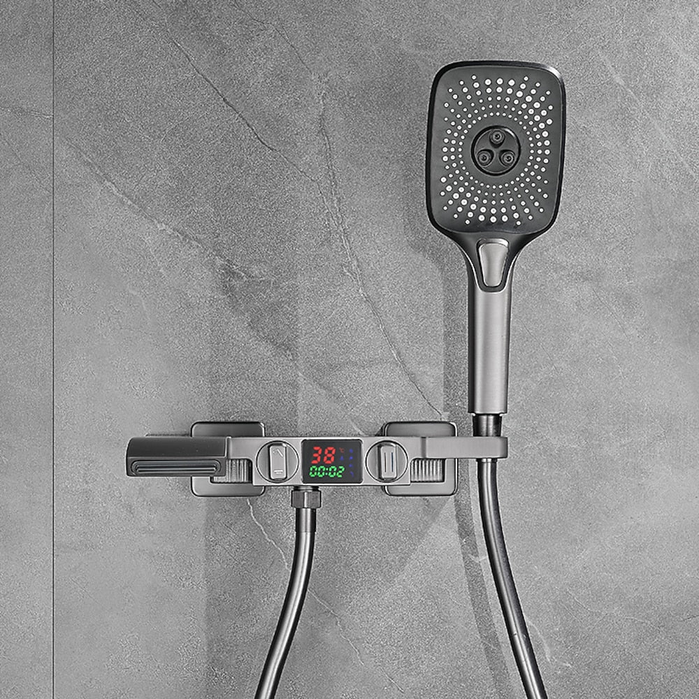 Wall-Mount Waterfall Tub Faucet, Dual-Handle Bath Mixer Tap with Handheld Shower