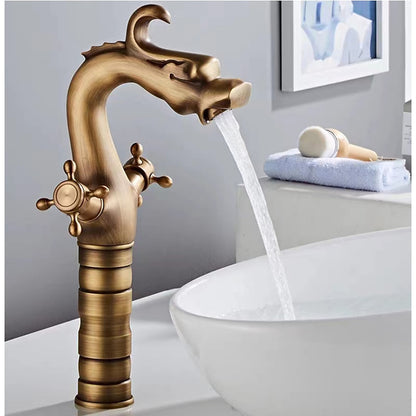 Traditional Dragon Vessel Sink Faucet, Double-Handle 1-Hole Tall Bathroom Faucet, Antique Brass / Polished Gold / Brushed Nickel