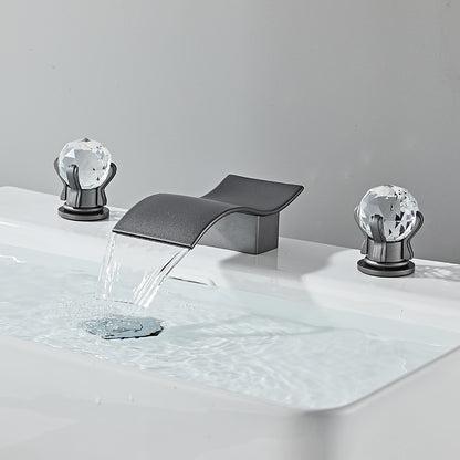 Waterfall Widespread Bathroom Sink Faucet, Double Crystal Knob Handle Deck Mounted Faucet, Matte Black / Chrome / Brushed Gold / Brushed Nickel / Gunmetal / PVD