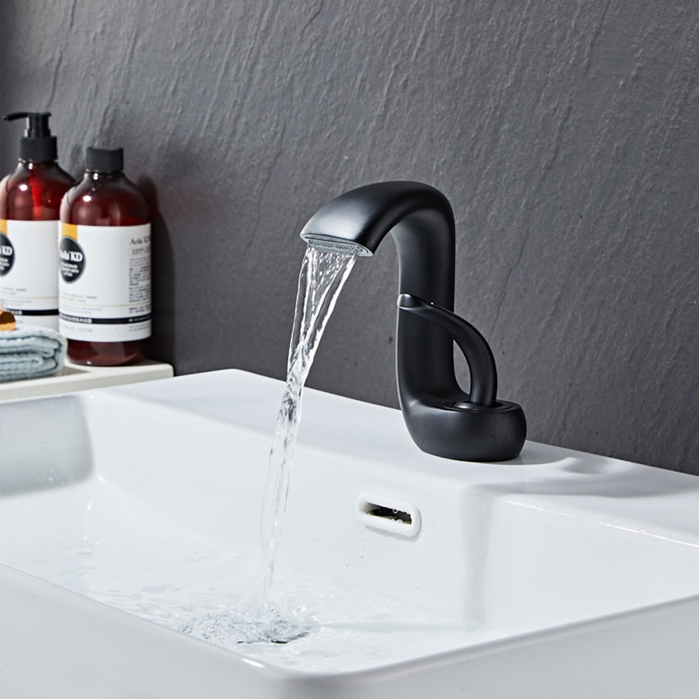 Modern Waterfall Single-Hole Bathroom Faucet, Single-Handle Brass Body Faucet, Matte Black / Brushed Nickel / Chrome / Matte White