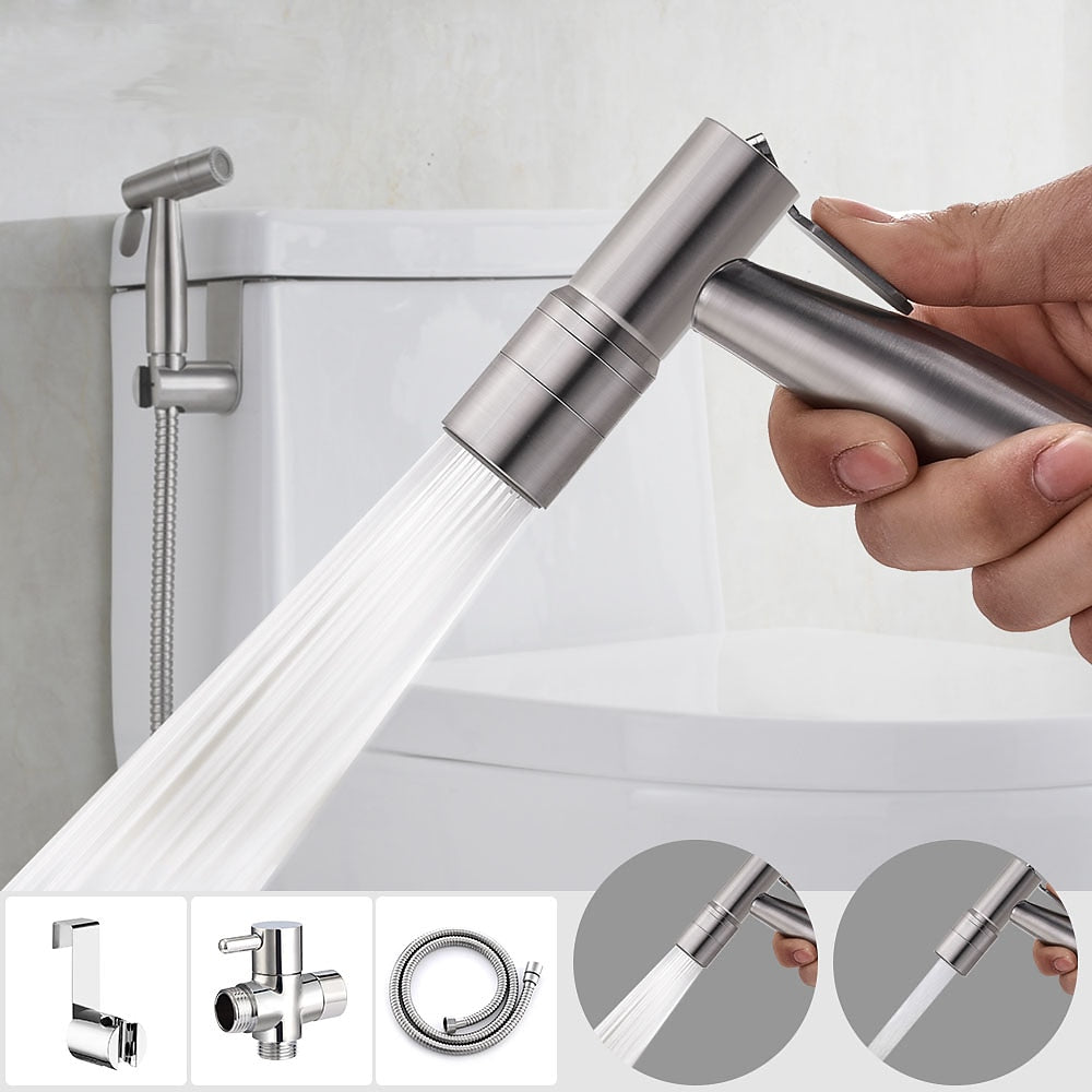 Stainless Steel Handheld Bidet Sprayer, Dual Spray Mode Shattaf Toilet Sprayer with T-Valve, Hose, Holder