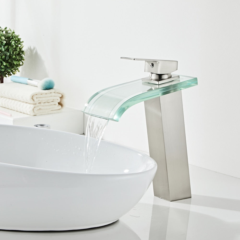 Waterfall Glass Spout Bathroom Faucet, Single-Handle Single-Hole Faucet, Brushed Gold / Chrome / Matte Black / Brushed Nickel