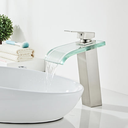 Waterfall Glass Spout Bathroom Faucet, Single-Handle Single-Hole Faucet, Brushed Gold / Chrome / Matte Black / Brushed Nickel