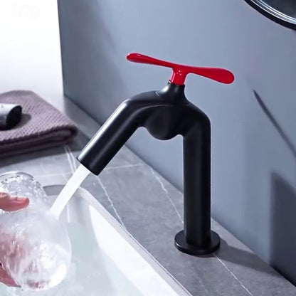 Modern Single-Hole Bathroom Faucet with Propeller Handle, Black / White / Burgundy / Orange Red