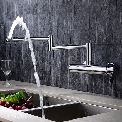 Chrome Wall-Mount Kitchen Faucet, Double-Joint Folding Swivel Spout Brass Faucet