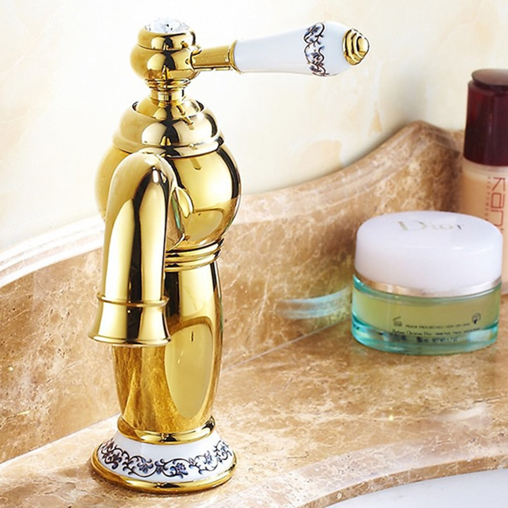 Vintage Single-Hole Bathroom Faucet, Single-Handle Brass Vanity Faucet with Ceramic Floral Accent