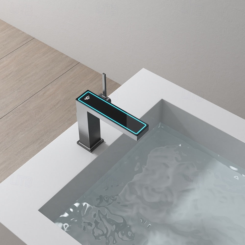 LED Temperature Display Waterfall Bathroom Faucet, Single-Hole Single-Handle Brass Faucet, Silver / Gold / Gray / White / Black / Multi
