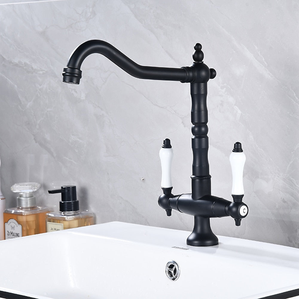 Antique Single-Hole Bathroom Faucet, Dual Ceramic Handle Swivel Spout Faucet, Antique Brass / Brushed Nickel / Chrome / Matte Black / Polished Gold