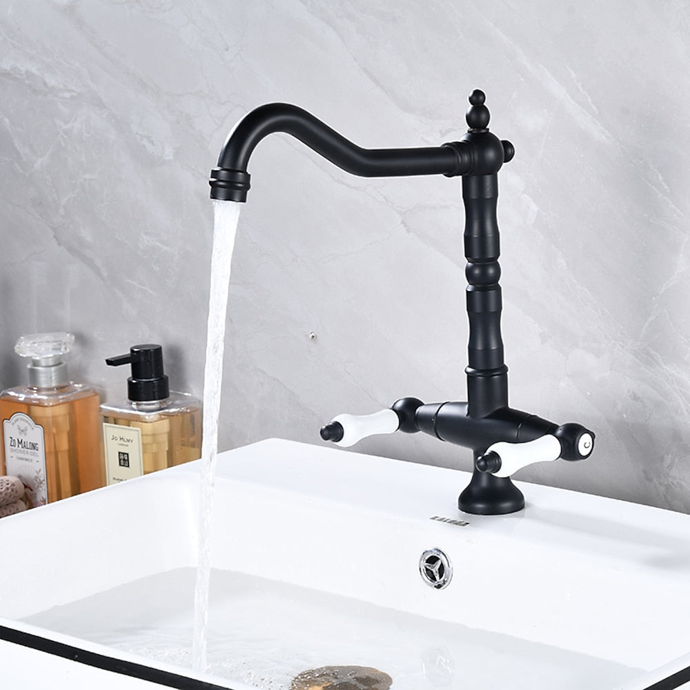 Antique Single-Hole Bathroom Faucet, Dual Ceramic Handle Swivel Spout Faucet, Antique Brass / Brushed Nickel / Chrome / Matte Black / Polished Gold