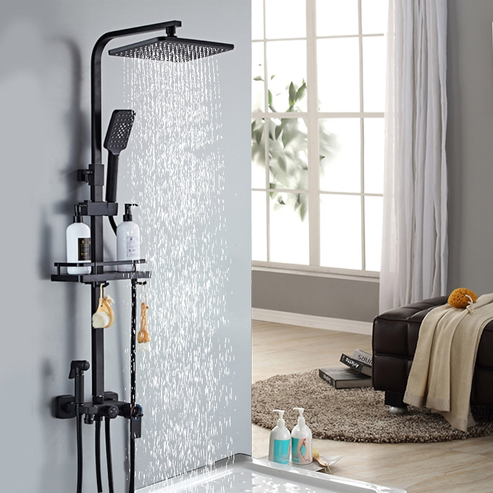 Matte Black Modern Wall-Mounted Shower System, Exposed Rainfall / Handheld Shower System with Bidet Sprayer / Storage Shelf