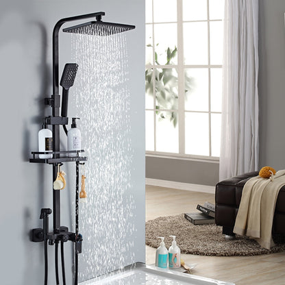 Matte Black Modern Wall-Mounted Shower System, Exposed Rainfall / Handheld Shower System with Bidet Sprayer / Storage Shelf