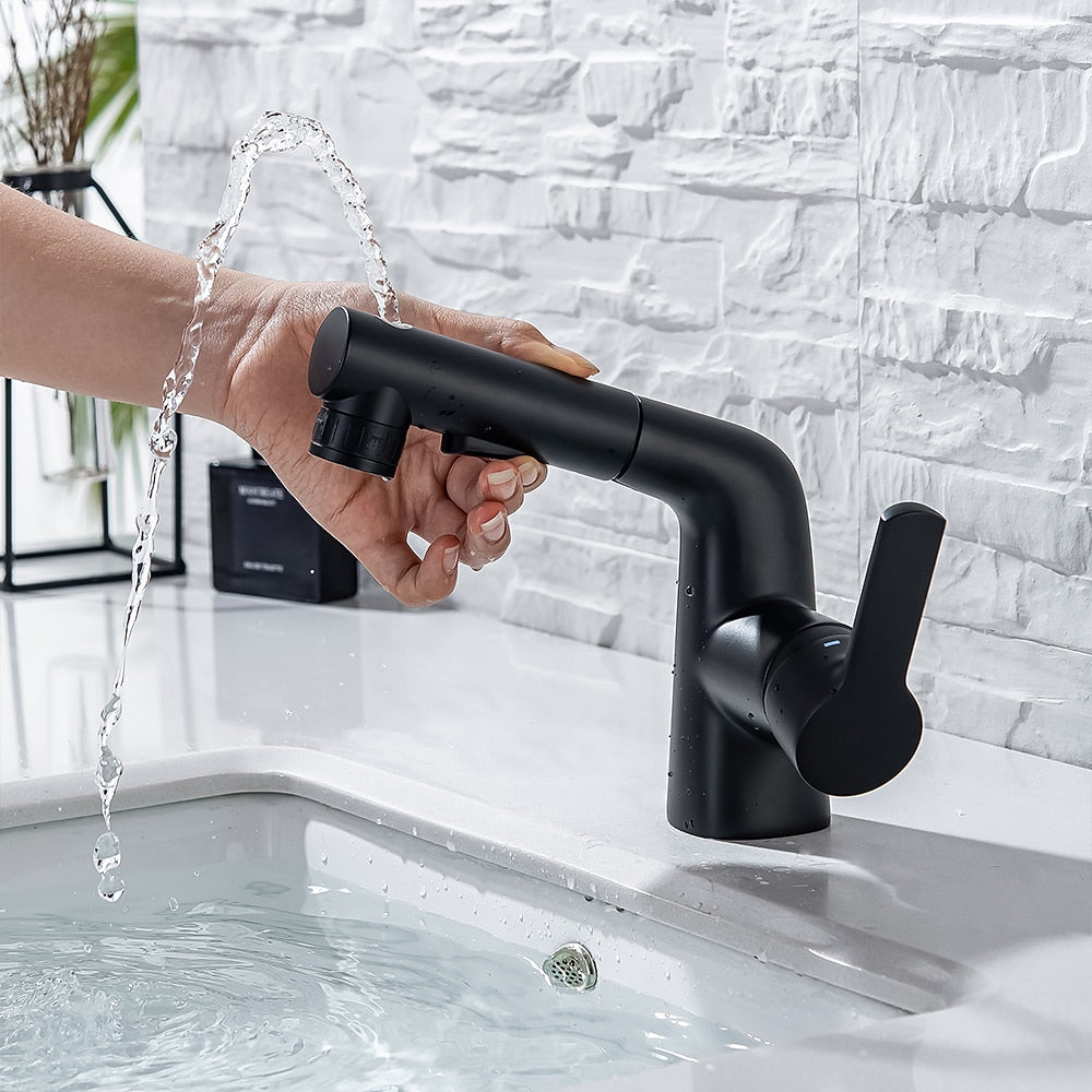 Modern Pull-Out Bathroom Sink Faucet, Single-Handle Swivel Spout Faucet, Brushed Gold / Chrome / Matte Black / Gunmetal