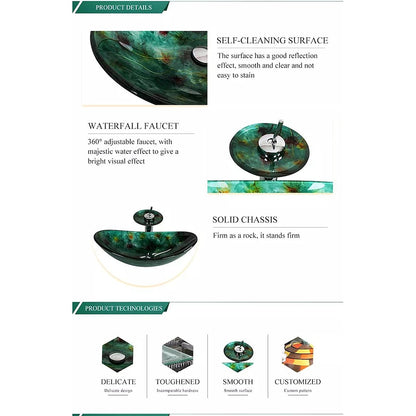 Green Art Tempered Glass Waterfall Vessel Sink Faucet Set, Single-Handle Chrome Deck-Mount Faucet with Pop-Up Drain