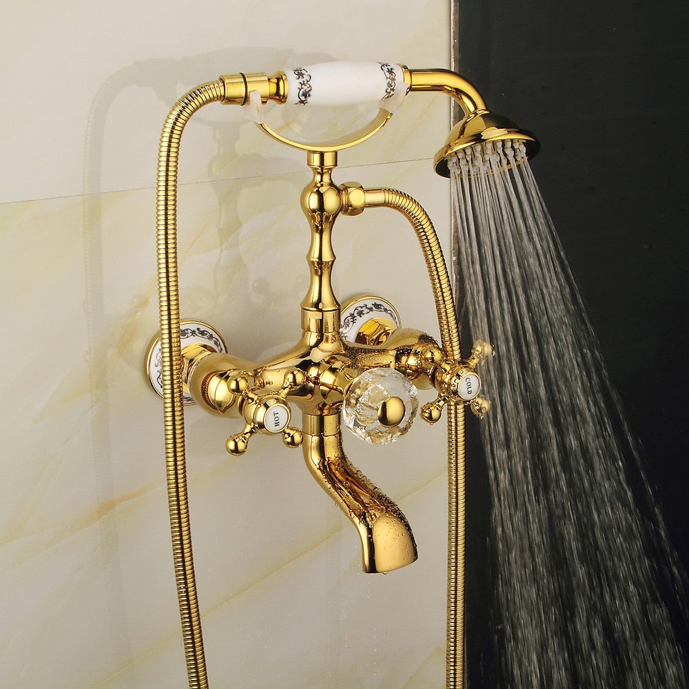 Polished Gold Wall-Mount Tub Filler Faucet, Telephone Dual-Handle Bathtub Faucet with Handheld Shower