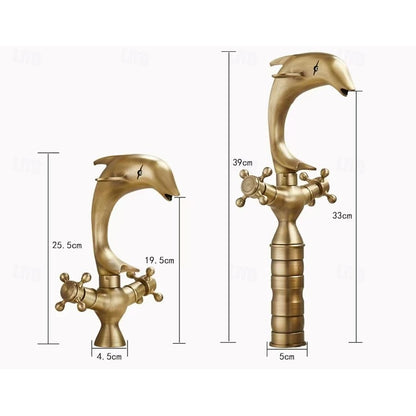 Dolphin Antique Brass Waterfall Bathroom Faucet, Single-Hole Double-Handle Brass Faucet