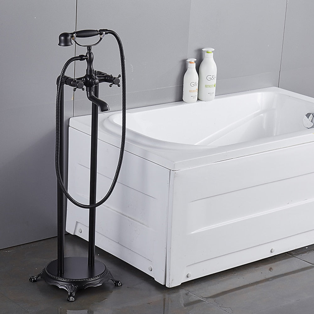 Traditional Floor-Mount Tub Filler Faucet, Double-Handle Brass Bathtub Faucet with Handheld Shower, Antique Brass / Chrome / Matte Black