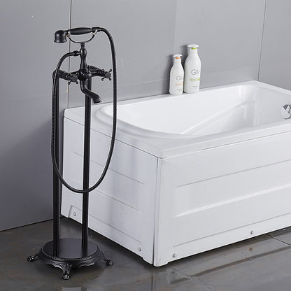 Traditional Floor-Mount Tub Filler Faucet, Double-Handle Brass Bathtub Faucet with Handheld Shower, Antique Brass / Chrome / Matte Black