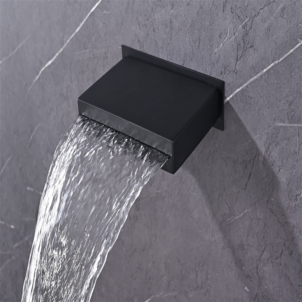Matte Black Thermostatic Waterfall Rainfall Contemporary Shower System, Wall-Mount 5-Function Brass Faucet with Handheld Shower