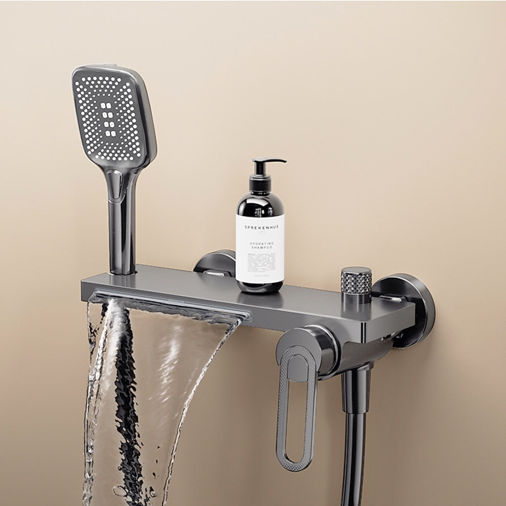 Modern Waterfall Wall-Mount Bathtub Faucet, Single-Handle Brass Tub Faucet with Handheld Shower, Brushed Gold / Chrome / Gunmetal / Matte Black / Matte White / Polished Gold