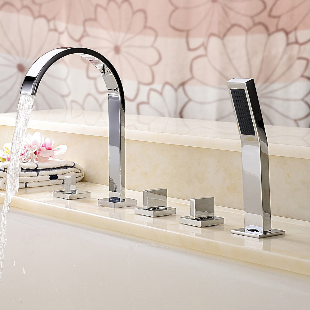 Chrome Waterfall Roman Tub Faucet, 3-Handle Deck-Mount Faucet with Handheld Shower