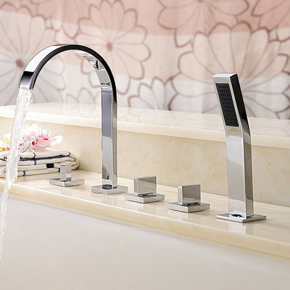 Chrome Waterfall Roman Tub Faucet, 3-Handle Deck-Mount Faucet with Handheld Shower